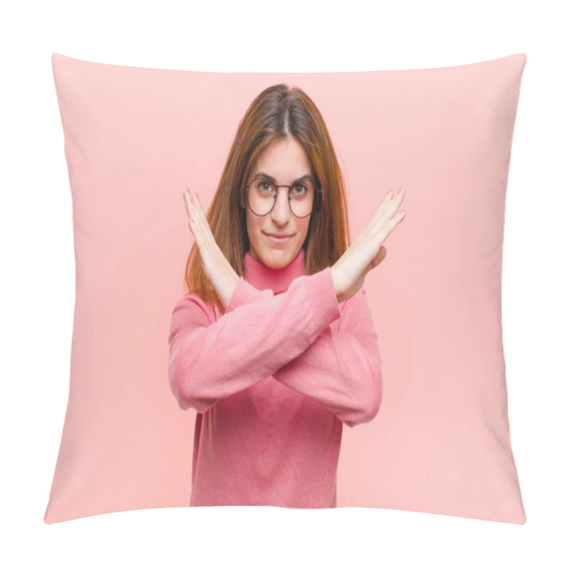 Personality  Young Pretty Woman Looking Annoyed And Sick Of Your Attitude, Saying Enough! Hands Crossed Up Front, Telling You To Stop Against Pink Background Pillow Covers