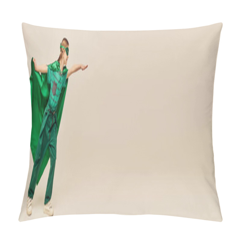 Personality  Side View Of Joyful Kid In Superhero Costume And Mask Holding Green Cloak And Standing With Outstretched Hand While Celebrating Child Protection Day Holiday On Grey Background, Banner  Pillow Covers