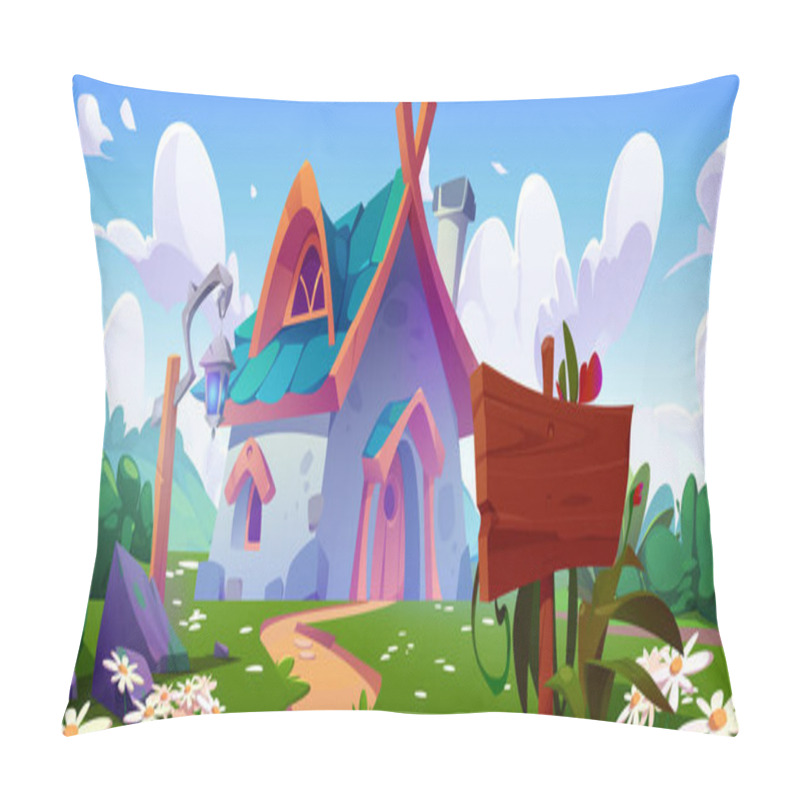 Personality  Fantasy House With Garden In Magic Village Cartoon Background. Gnome, Wizard Or Elf Home With Fantastic Nature Landscape. Rural Medieval Building Design With Signboard And Lantern On Grass Meadow Pillow Covers