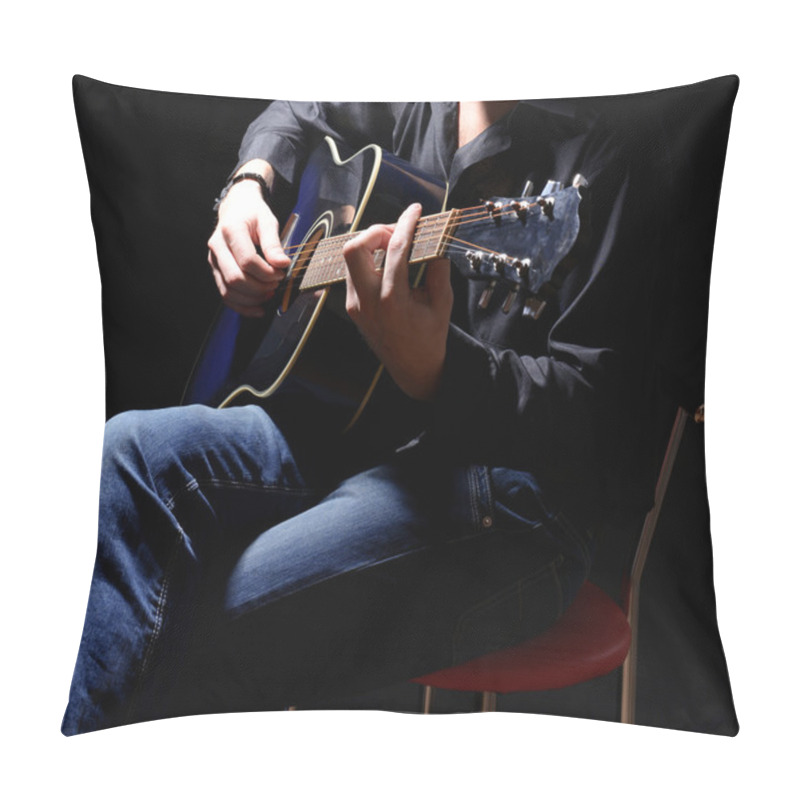 Personality  Young Musician Playing Acoustic Guitar And Singing, On Dark Background Pillow Covers