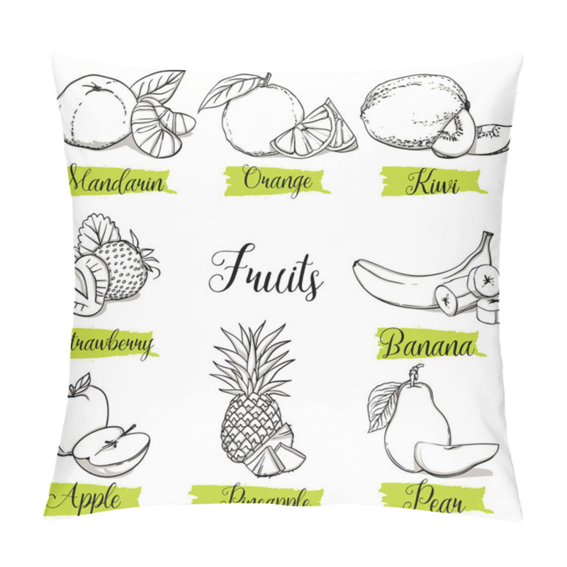 Personality  Hand Drawn Sketch Style Fruits And Berries. Mandarin, Orange, Kiwi, Strawberry, Banana, Apple, Pineapple And Pear. Organic Fruit With Leaf, Vector Doodle Illustrations Collection Isolated On White Background. Pillow Covers