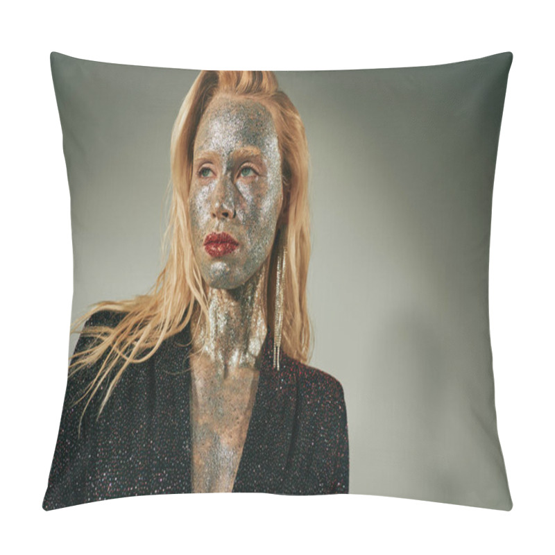 Personality  Dreamy Blonde Woman In Shiny Dress With Glitter All Over Her Body And Face Posing On Grey Backdrop Pillow Covers