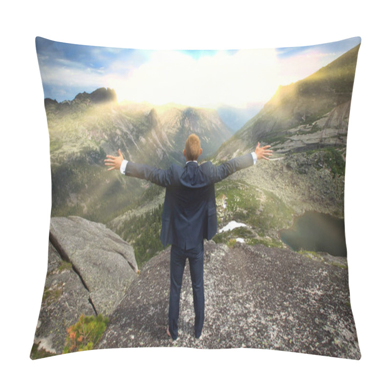 Personality  Portrait Of A Young Man In A Business Suit At The Top Of The Mountain On The Background Of Mountains And Blue Sky On A Sunny Summer Day Pillow Covers