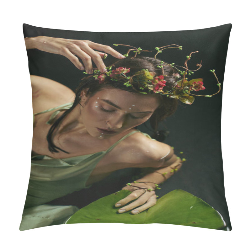 Personality  A Young Woman With A Floral Crown And Green Attire Poses Gracefully Near A Swamp. Pillow Covers