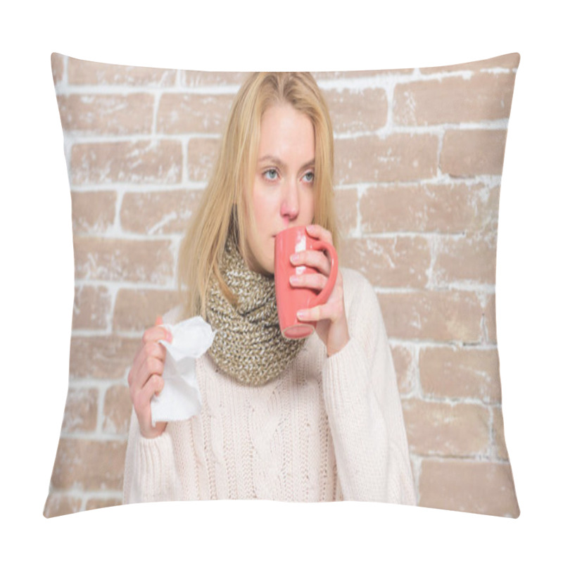 Personality  Girl Hold Tea Mug And Tissue. Runny Nose And Other Symptoms Of Cold. Cold And Flu Remedies. Drink More Liquid Get Rid Of Cold. Drinking Plenty Fluid Important For Ensuring Speedy Recovery From Cold Pillow Covers