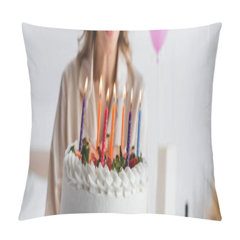 Personality  Cropped View Of Birthday Cake With Candles Near Blurred Woman, Banner  Pillow Covers