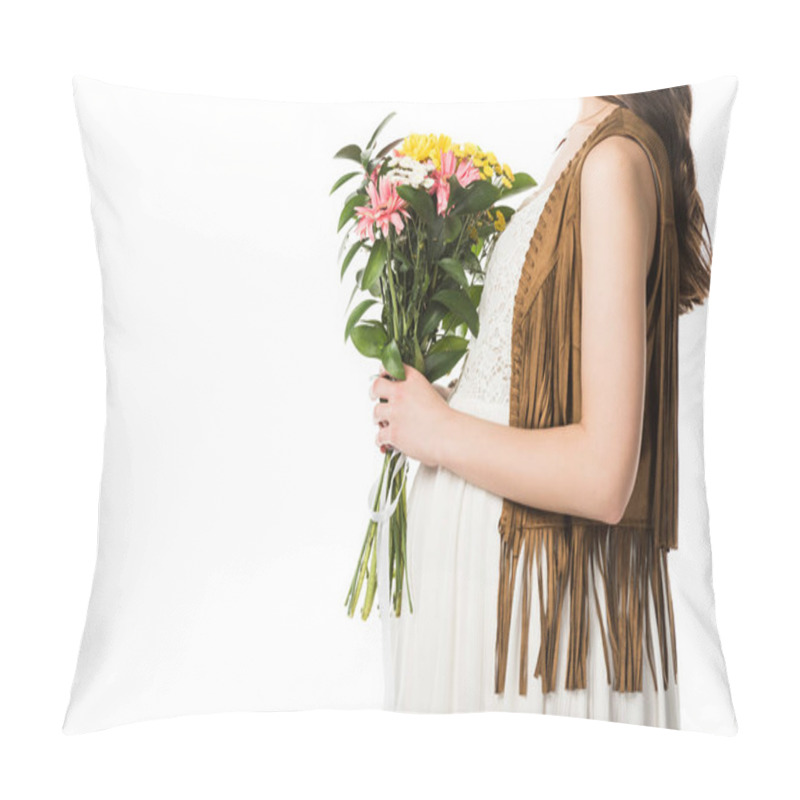 Personality  Cropped View Of Pregnant Boho Woman Holding Flowers Isolated On White Pillow Covers