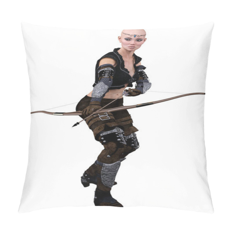 Personality  Caucasian Elf Archer Woman With Bow And Arrow On Isolated White Background, 3D Illustration, 3D Rendering Pillow Covers