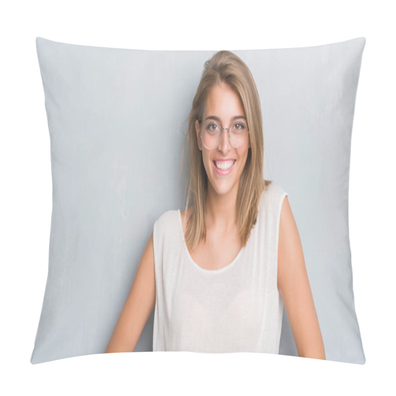 Personality  Beautiful Young Woman Standing Over Grunge Grey Wall Wearing Glasses With A Happy Face Standing And Smiling With A Confident Smile Showing Teeth Pillow Covers