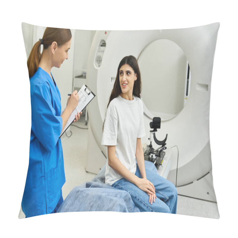 Personality  A Woman In A Lab Coat Discusses MRI Procedure With A Patient In A Health Facility. Pillow Covers