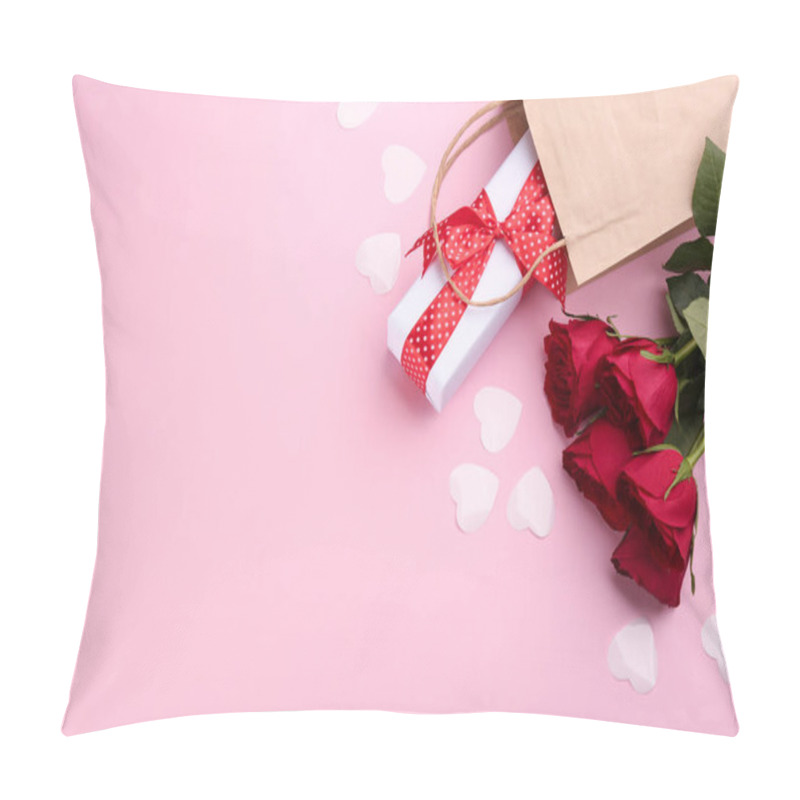 Personality  Beautiful Gift Box, Roses And Hearts On Pink Background, Flat Lay With Space For Text. Valentine's Day Celebration Pillow Covers