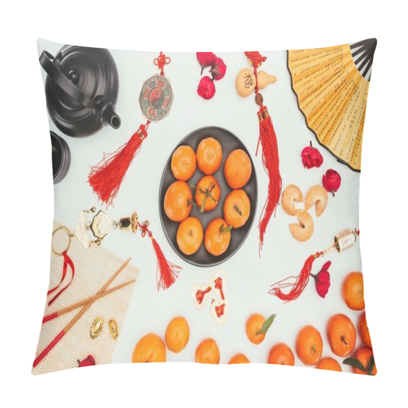 Personality  Top View Of Various Chinese Talimans With Tangerines And Tea Isolated On White, Chinese New Year Concept Pillow Covers