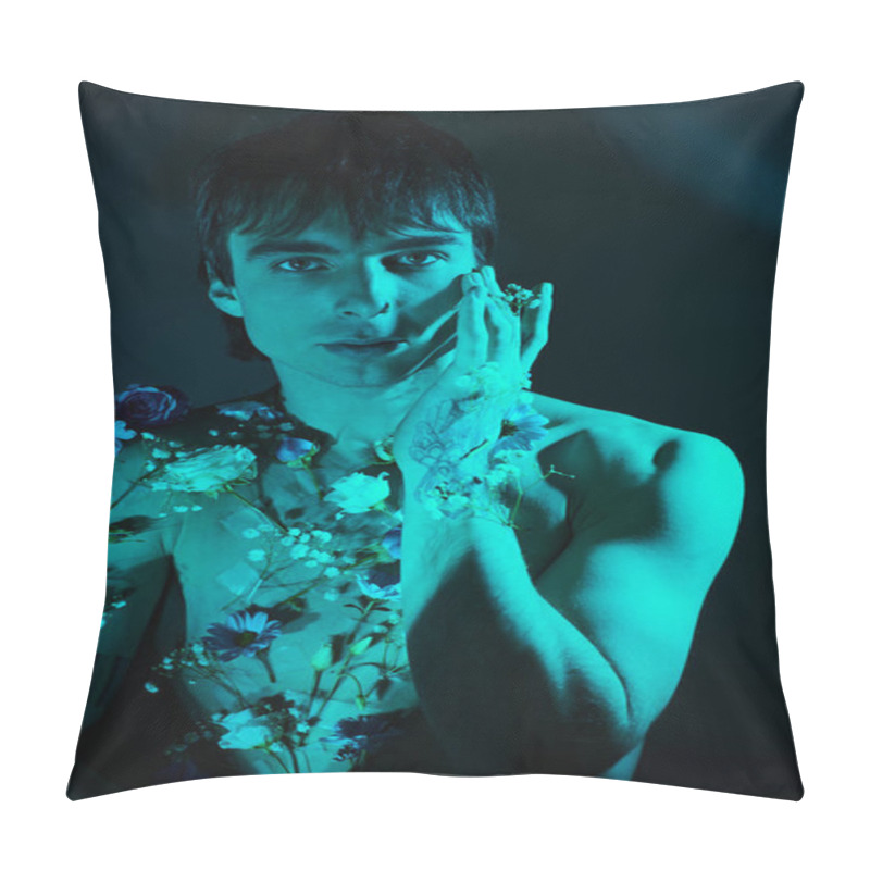 Personality  A Young Man With Flowers On His Chest Holds His Hands To His Face In A Contemplative Gesture. Pillow Covers