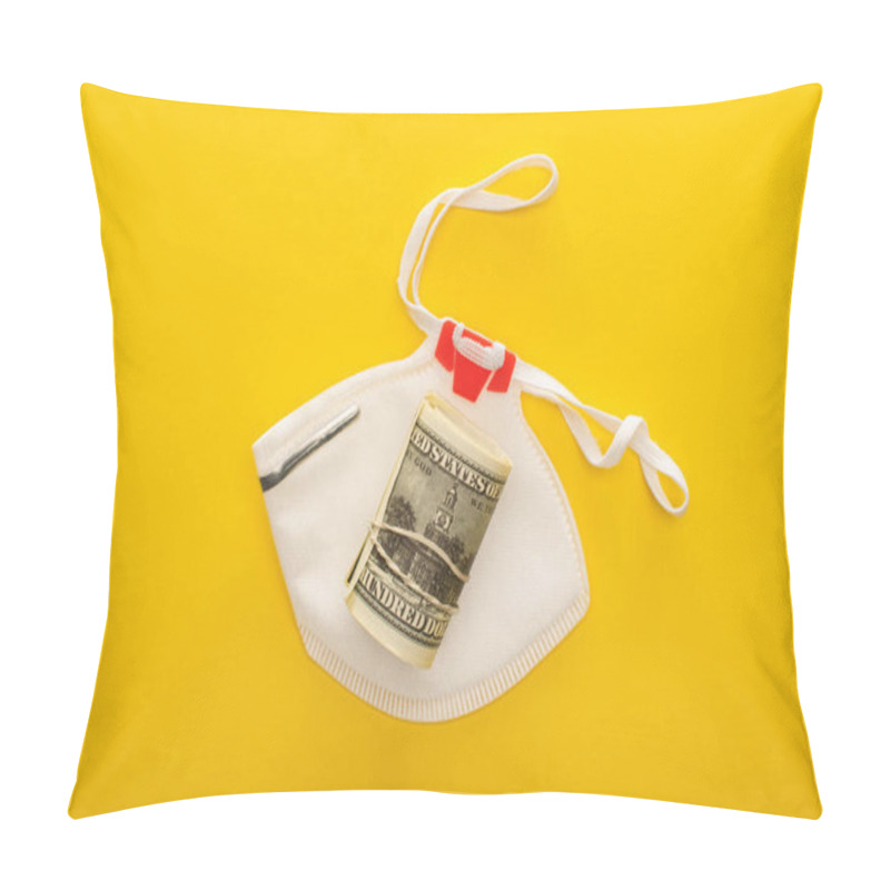 Personality  Top View Of Money Roll And Safety Mask On Yellow Background Pillow Covers