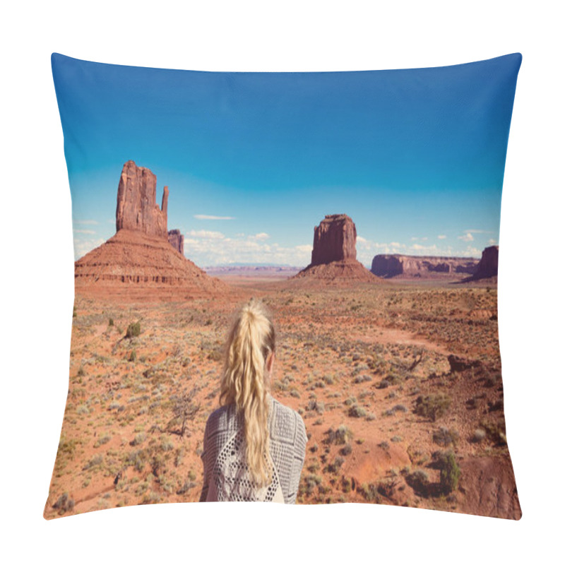 Personality  Woman Sitting In Monument Valley With Red Rocks Overview Pillow Covers