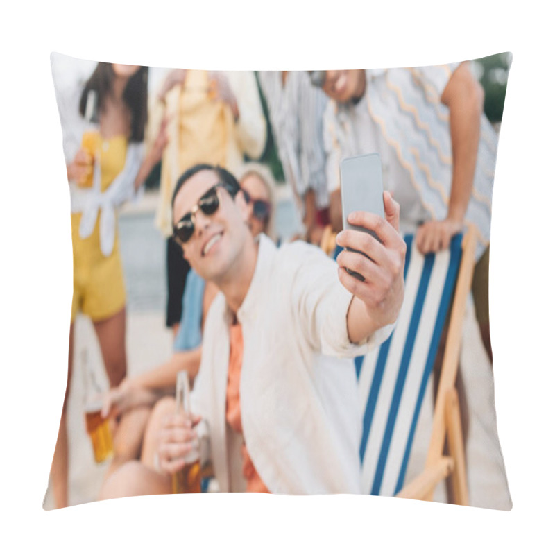 Personality  Selective Focus Of Cheerful Young Man Taking Selfie With Multicultural Friends Having Fun On Beach Pillow Covers