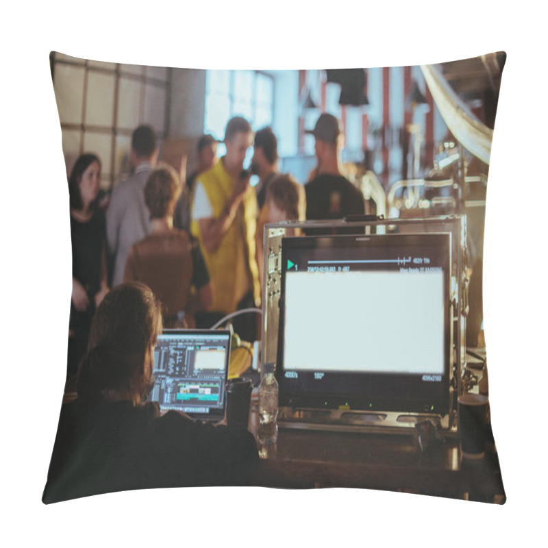 Personality  Film Set, Monitors And Modern Shooting Equipment. Film Crew, Lighting Devices, Monitors, Playbacks - Filming Equipment And A Team Of Specialists In Filming Movies, Advertising And TV Series Pillow Covers