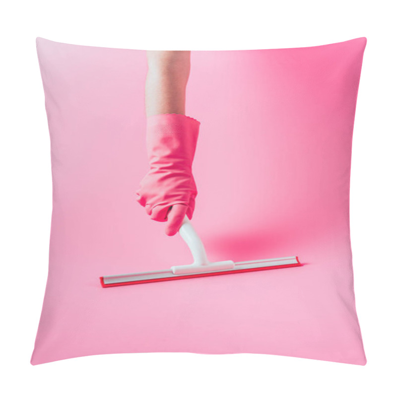 Personality  Cropped Image Of Woman In Rubber Glove Cleaning Floor By Squeegee, Pink Background Pillow Covers