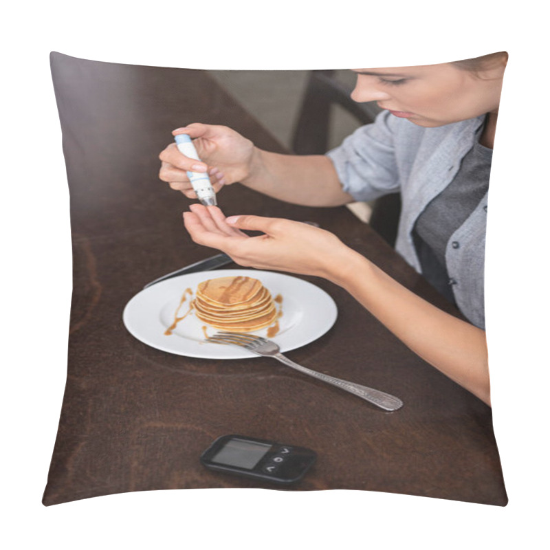 Personality   Woman With Diabetes Doing Blood Test With Blood Lacet Near Pancakes  Pillow Covers