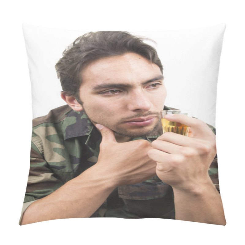 Personality  Distraught Military Soldier Veteran Ptsd Drinking A Shot Of Liquor Pillow Covers