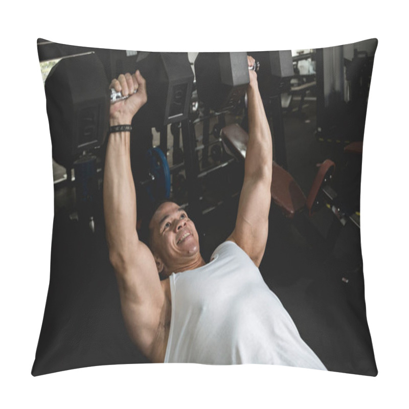 Personality  A Youthful And Fit Asian Man In A White Tank Top Does Some Heavy Dumbbell Chest Presses At The Gym. An Active 40 Year Old With Healthy Lifestyle. Pillow Covers