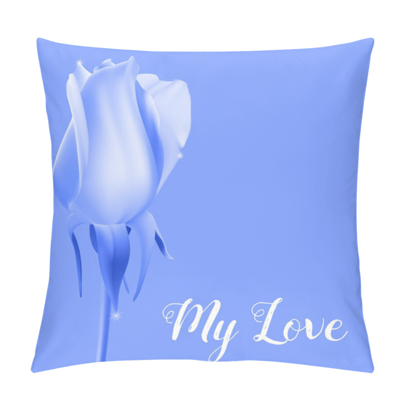 Personality  Realistic Rose Bud With Stem And Leaves. Monochrome Postcard Blue, Close-up The Flower Bud Of The Rose. The Symbol Of Romance And Love, A Template For A Greeting Card, 3D Illustration Pillow Covers