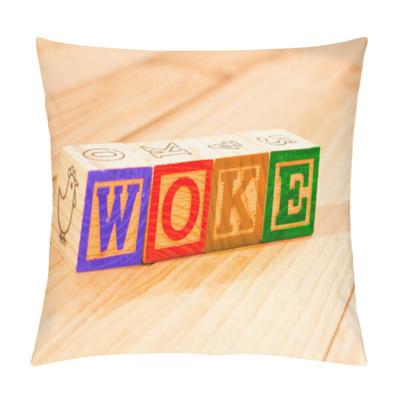 Personality  Spectacular Wooden Cubes With The Word WOKE On A Wooden Surface. Pillow Covers