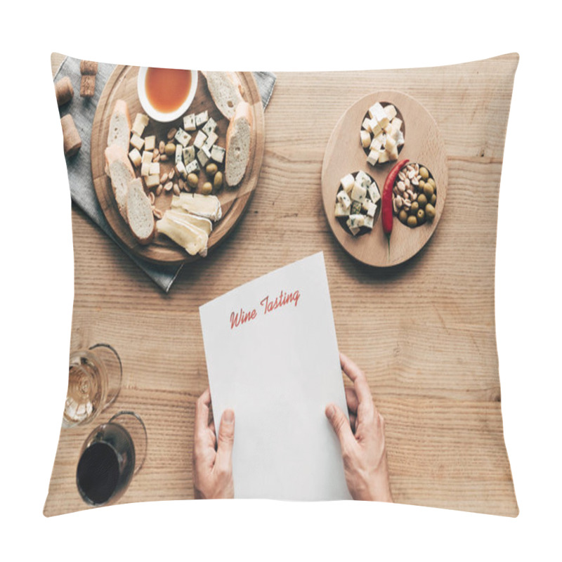 Personality  Partial View Of Sommelier Holding Wine Tasting Document At Table With Wine And Food Pillow Covers