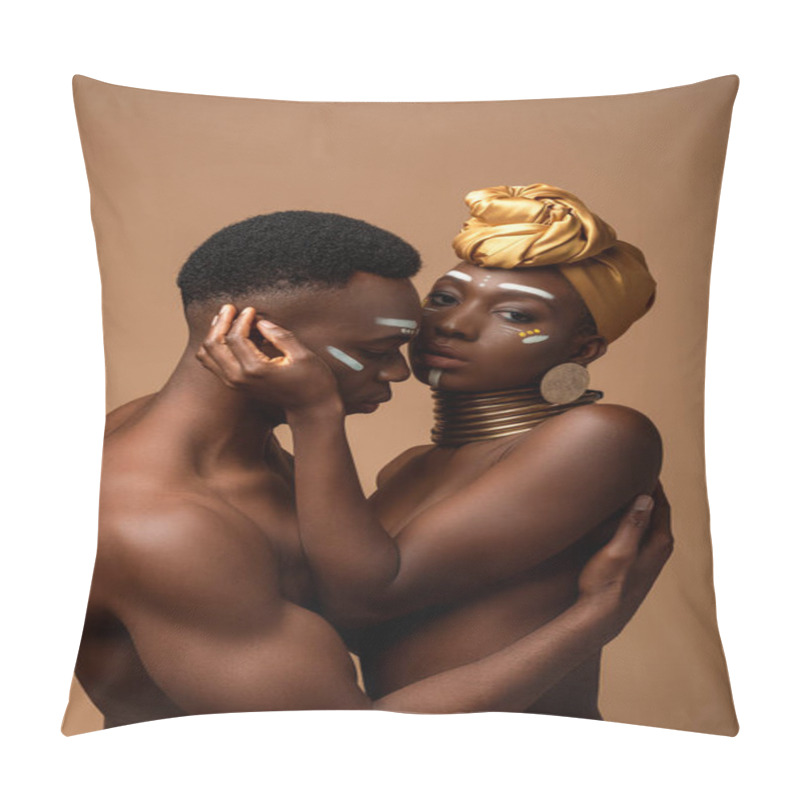 Personality  Sexy Naked Tribal Afro Couple Posing Isolated On Beige Pillow Covers