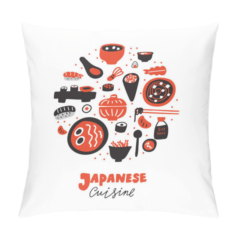 Personality  Japanese Cuisine. Hand Drawn Illustration In Circle, Isolated On White Background. Restaurant Promorion. Vector. Pillow Covers