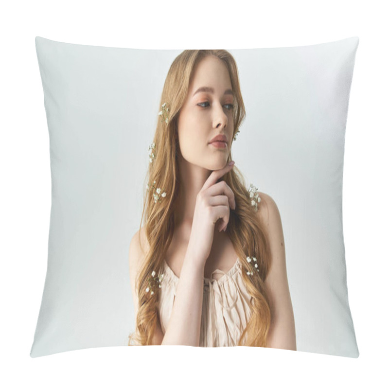 Personality  A Beautiful Young Woman Poses Delicately, Adorned With Flowers In Her Hair. Pillow Covers