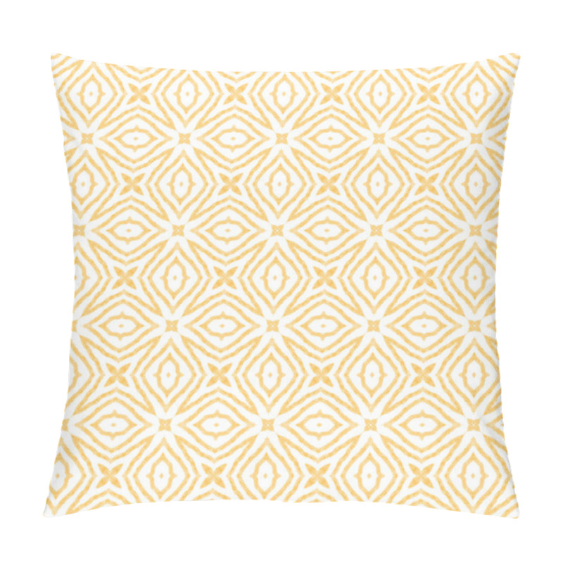 Personality  Arabesque Hand Drawn Pattern. Yellow Symmetrical Kaleidoscope Background. Oriental Arabesque Hand Drawn Design. Textile Ready Amazing Print, Swimwear Fabric, Wallpaper, Wrapping. Pillow Covers