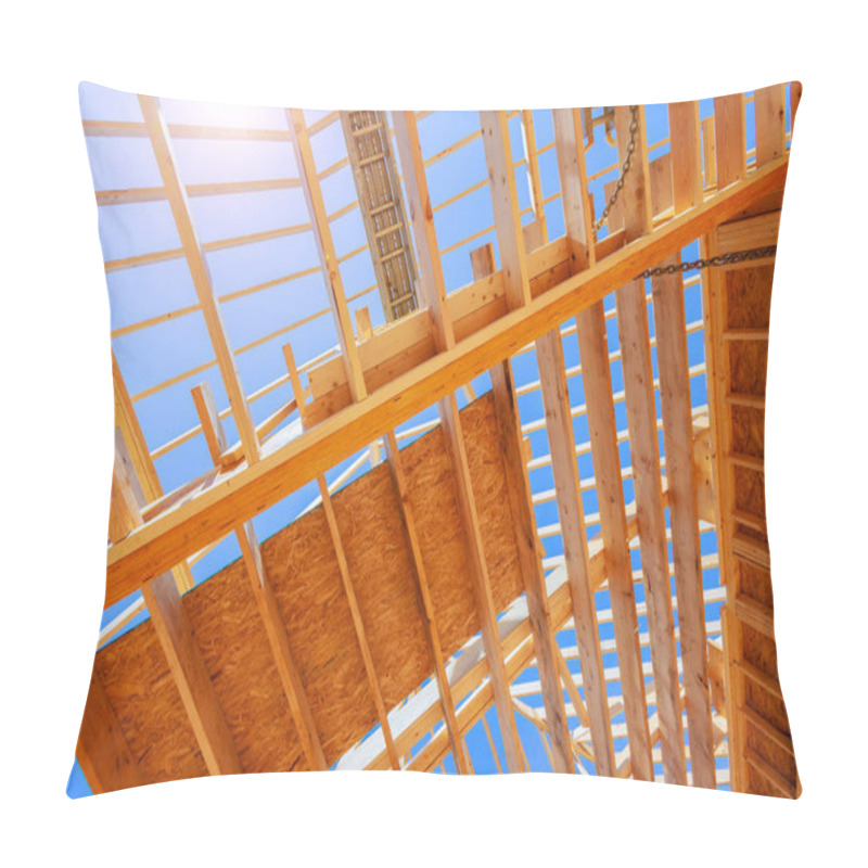 Personality  Wooden Beams Open Roof Structure With Progress Large Construction Site Created By Woodwork. Pillow Covers