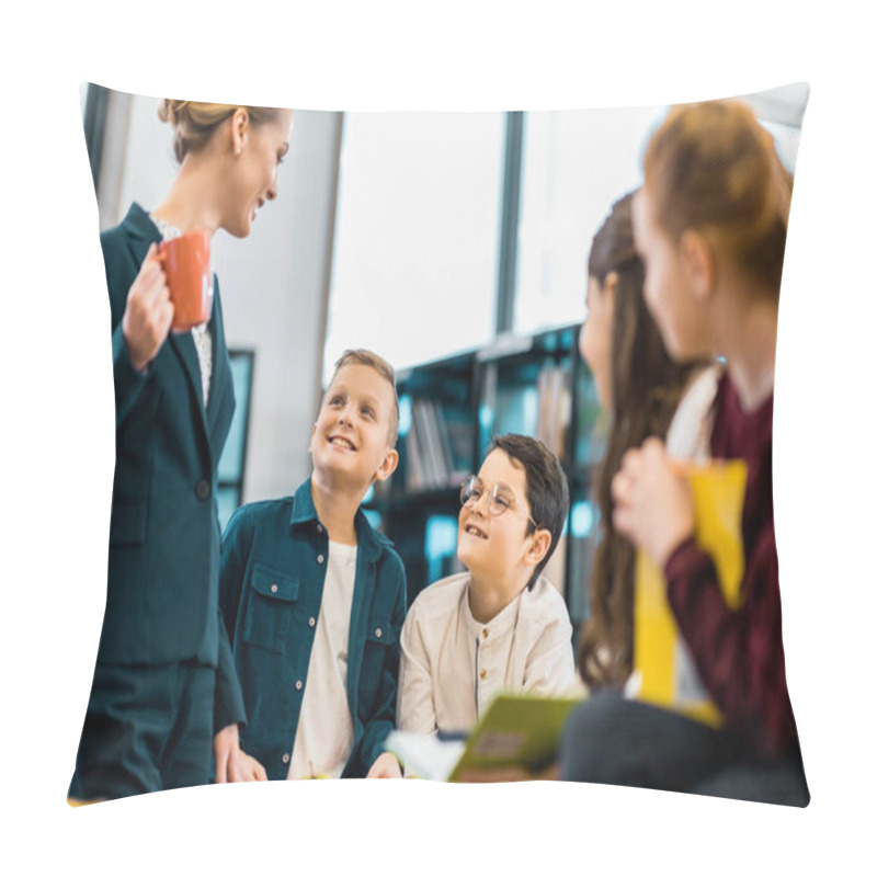 Personality  Smiling Librarian Looking At Cute Schoolchildren In Library Pillow Covers