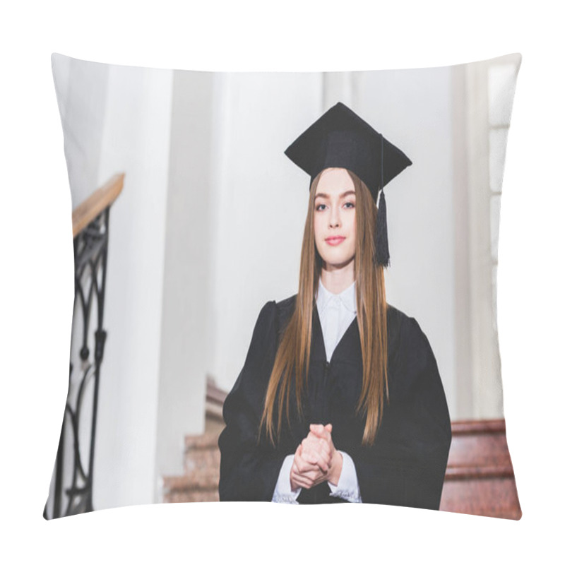 Personality  Attractive Young Woman In Graduation Cap Looking At Camera And Standing With Clenched Hands Pillow Covers