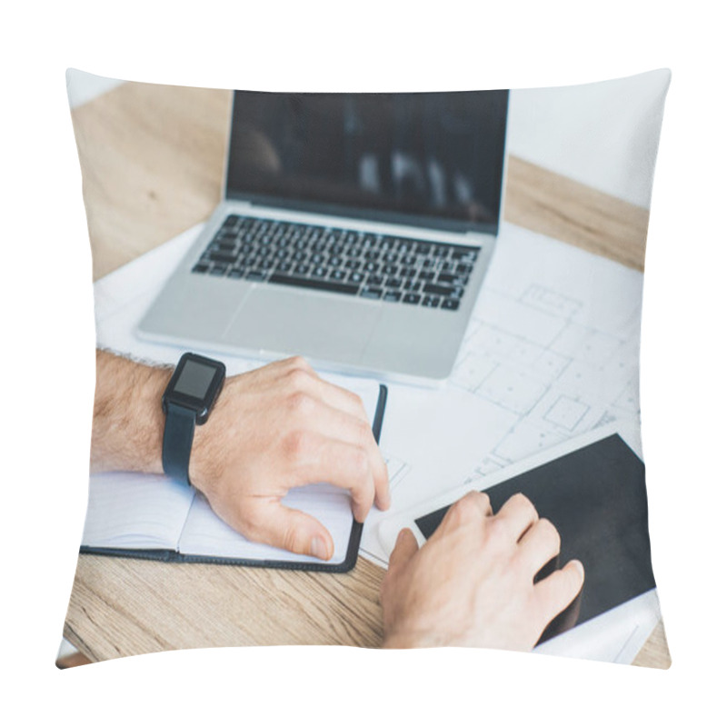 Personality  Cropped Shot Of Person Wearing Smartwatch And Using Digital Tablet At Workplace Pillow Covers