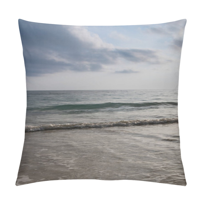 Personality  Sea Horizon With Bright Sunrise Blue Sky From Sandy Beach And Rolling Waves At Morning Pillow Covers