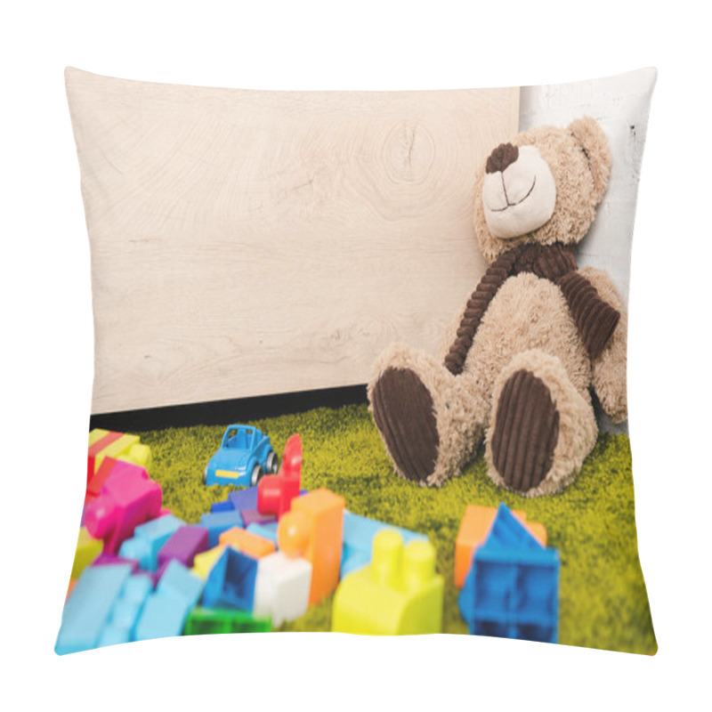 Personality  Plush Bear And Scattered Pieces Of Construction On Green Carpet Pillow Covers