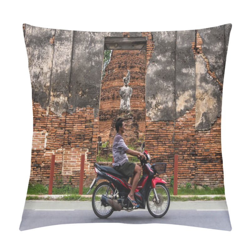 Personality  Ayutthaya, Thailand - April, 26, 2024 : Motorcycle Near Historic Site At Ayutthaya, Thailand. Pillow Covers