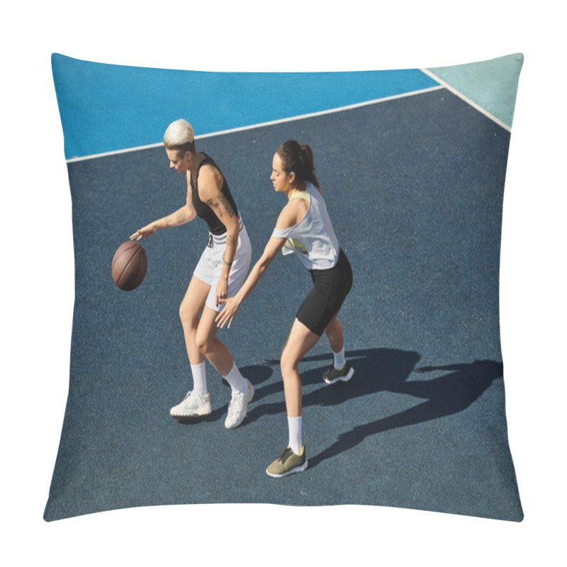 Personality  Athletic Young Women Stand Triumphantly On A Basketball Court On A Sunny Day, Embodying Strength And Teamwork. Pillow Covers