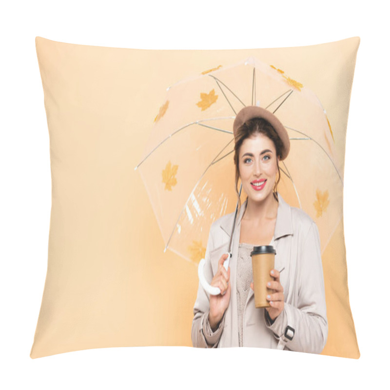 Personality  Joyful Woman In Stylish Autumn Outfit Holding Coffee To Go Under Umbrella With Foliage On Peach Pillow Covers