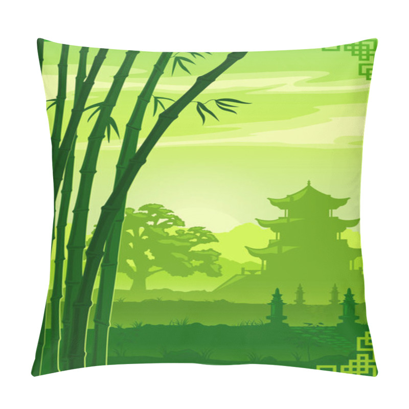 Personality  Green Vector Background, Illustration, Asia, China Temple And Bamboo Pillow Covers