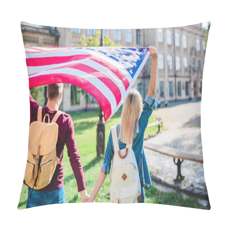 Personality  Back View Of Couple With American Flag Holding Hands In Park Pillow Covers