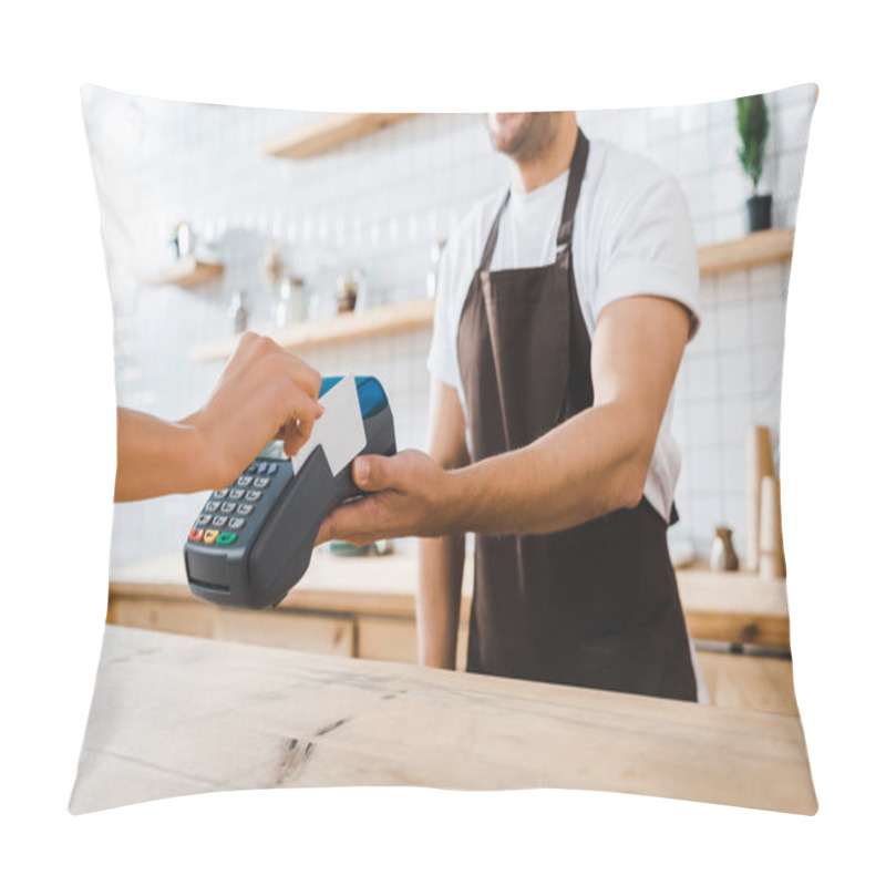 Personality  Cropped View Of Cashier Standing Near Bar Counter And Holding Terminal Wile Woman Paying With Credit Card In Coffee House Pillow Covers