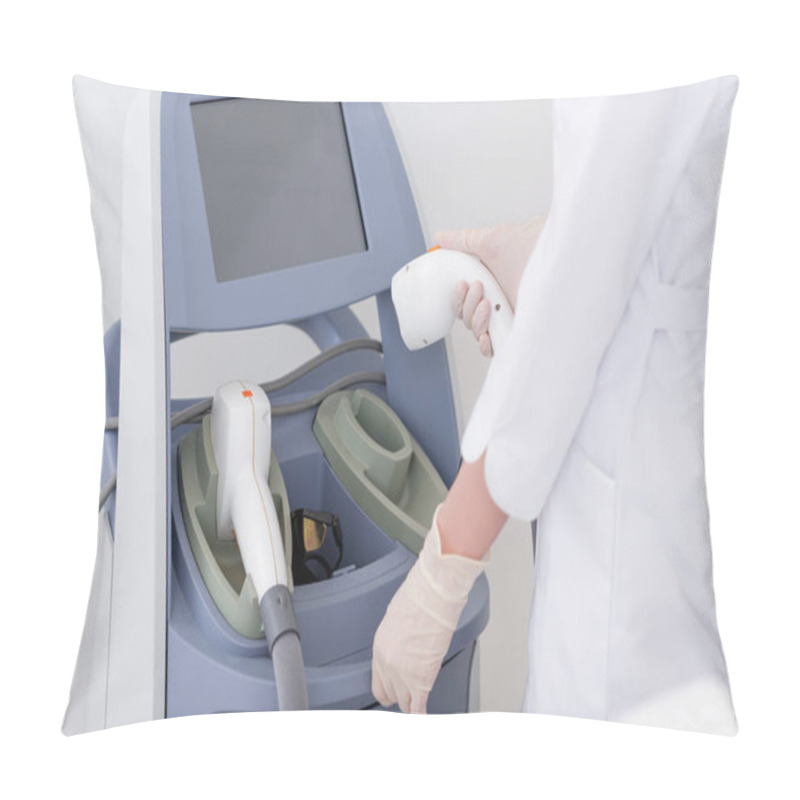 Personality  Cropped Shot Of Cosmetologist With Laser Hair Removal Apparatus In Salon Pillow Covers