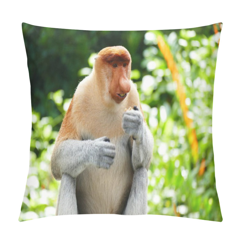 Personality  Photo Picture Of A Beautiful Monkey Nasach Nasalis Larvatus Against The Backdrop Of The Tropical Island Jungle. Pillow Covers