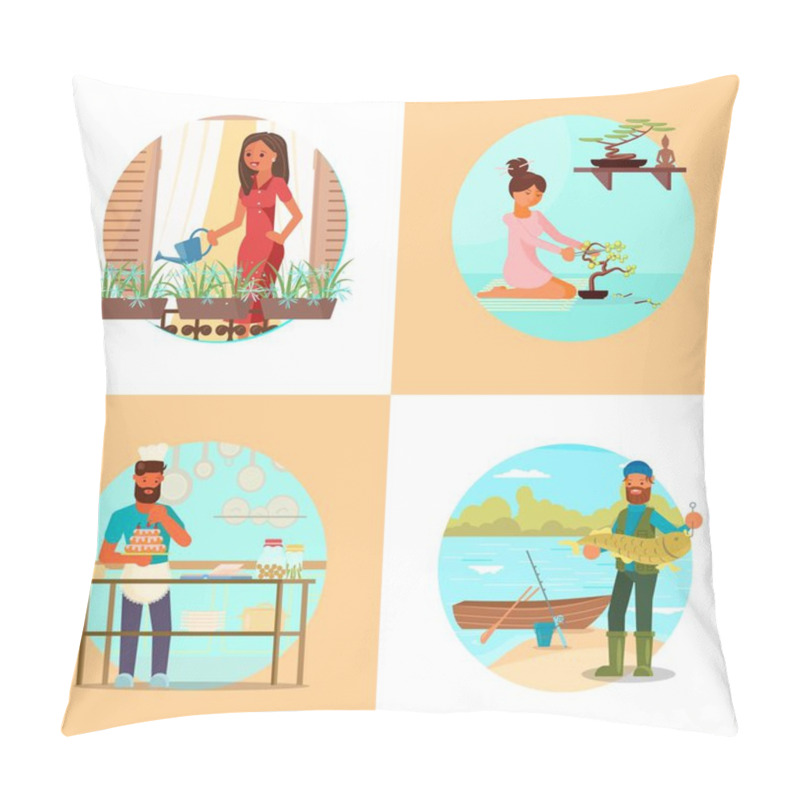 Personality  People Enjoying Their Hobbies Vector Flat Illustration Pillow Covers