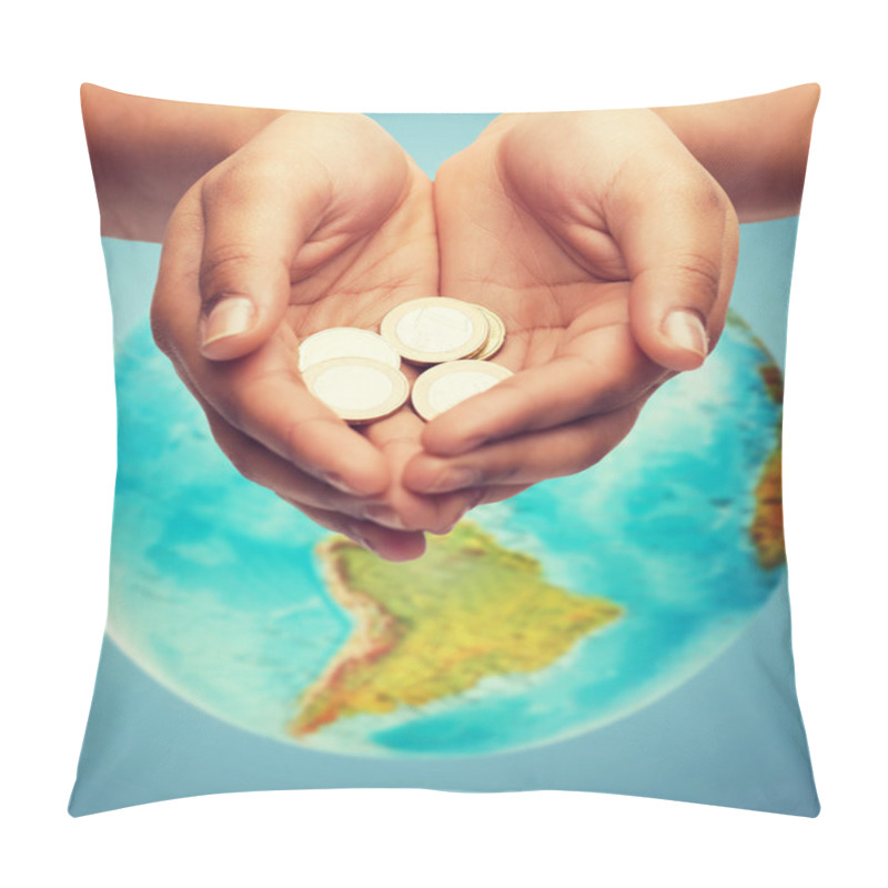 Personality  Cupped Hands Holding Euro Coins Over Earth Globe Pillow Covers