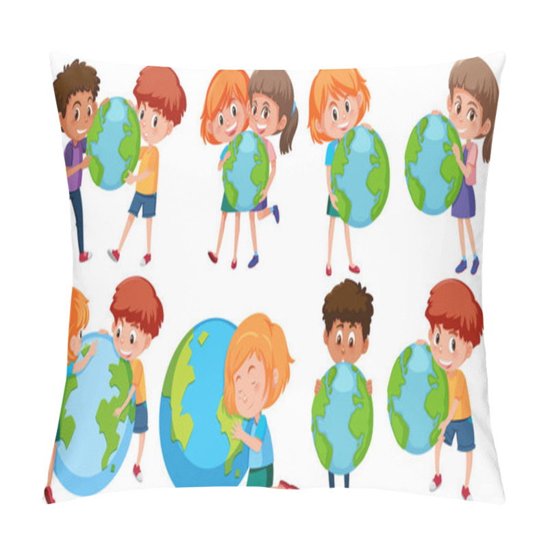 Personality  Happy Boys And Girls Holding Earth On White Background Illustration Pillow Covers