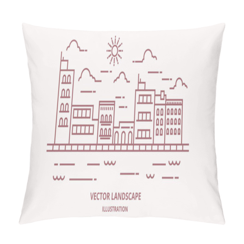 Personality  Cityscape In Modern Flat Line Vector. Thin Line City Landscape With Building, Clouds, Sun, River. Vector Illustration.  Pillow Covers